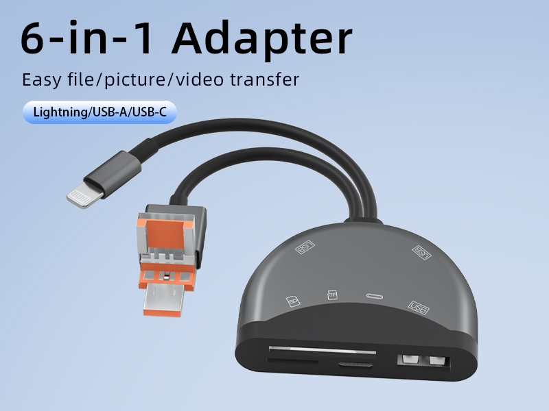 Six-in-one multi-function adapter supports dual-sIM SD/TF keyboard, mouse, USB flash drive camera is suitable for Apple Android computers