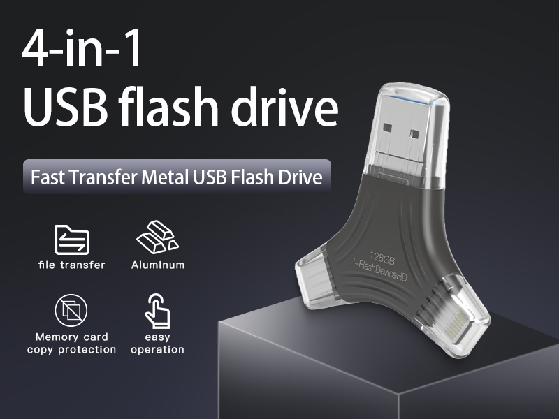 Four in one USB flash drive: integrates USB, USB-C, Lightning, and Micro interfaces, making it easy to transfer data between multiple devices