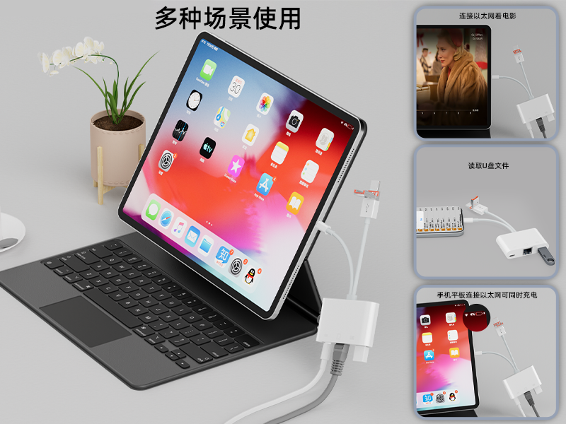 Three-in-one RJ45 network port adapter plug-and-play support keyboard, mouse, USB flash drive is suitable for Apple Android computers