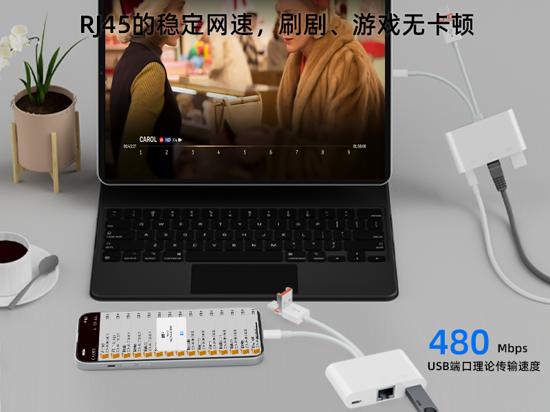 Three-in-one RJ45 network port adapter plug-and-play support keyboard, mouse, USB flash drive is suitable for Apple Android computers