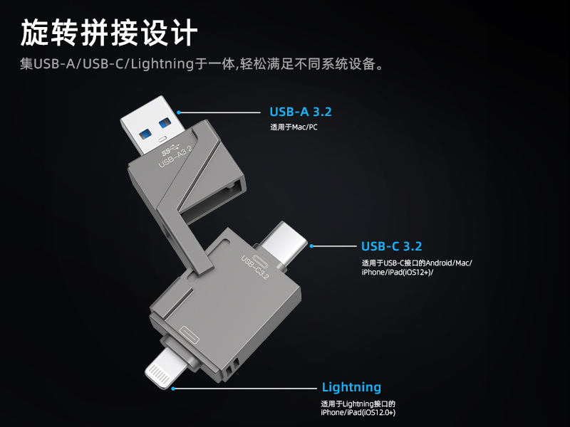 Zinc alloy USB 3.0 three in one USB flash drive with Lightning+TC+USB three interfaces compatible with multiple devices, high-speed and durable