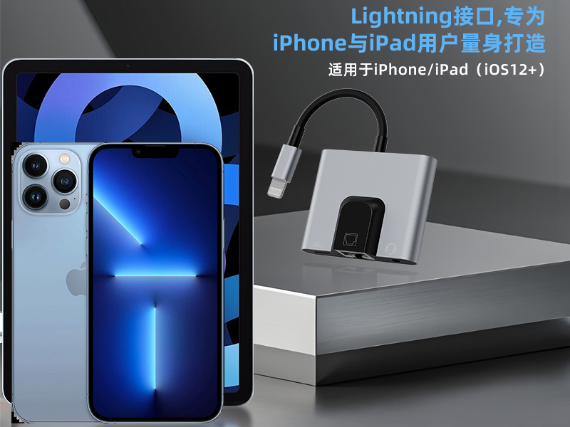 Compatible with Apple 13 live streaming lightning to RJ45 network card converter, 100M network speed charging 3.5mm headphones
