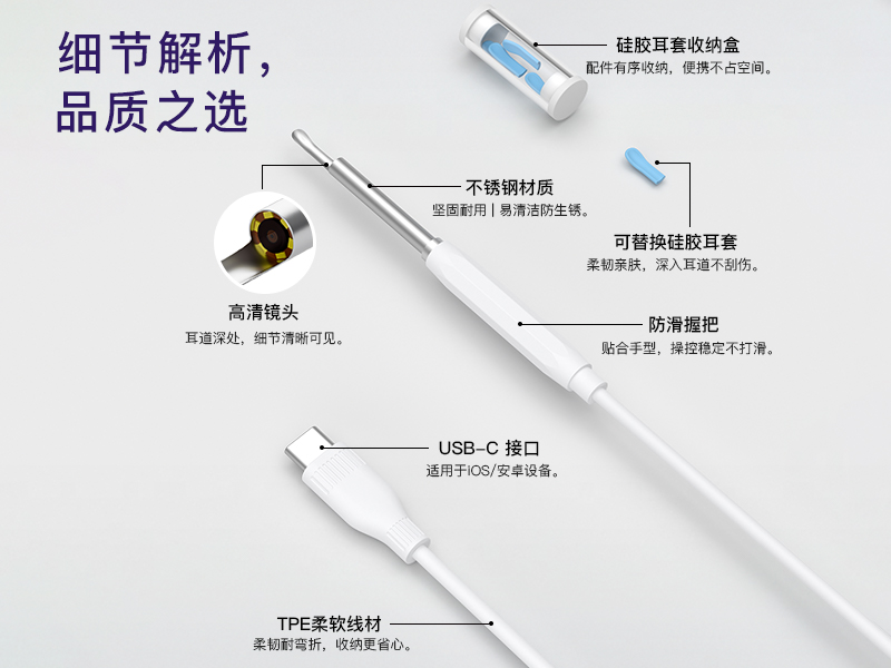 跨境爆款 1920P 高清智能可视耳镜 手机直连掏耳护理套装