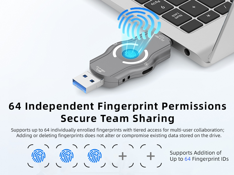 iOS & Android Hardware Fingerprint USB Drive, No APP Plug and Play, USB 3.2 High Speed