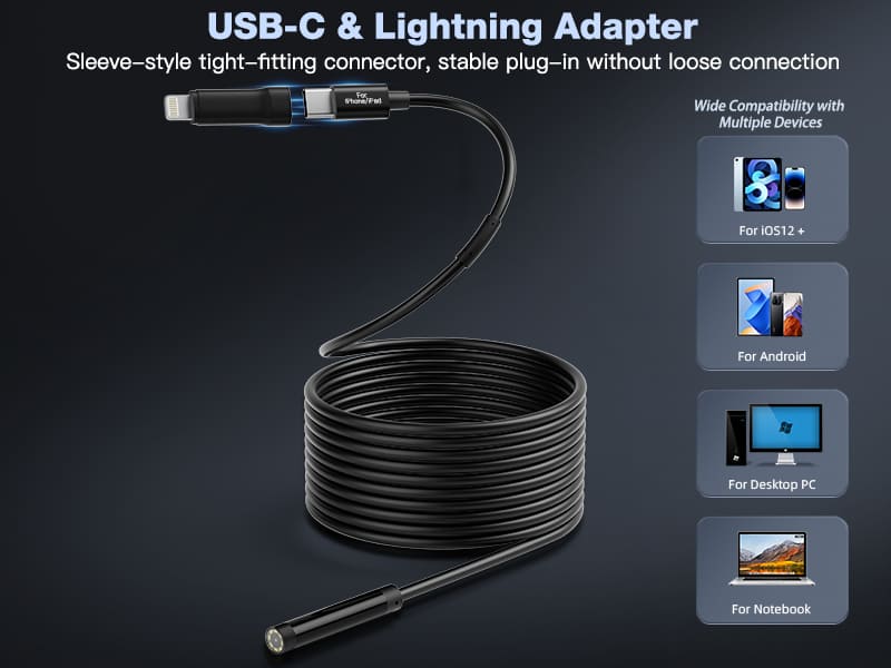 2-in-1 high-definition pipeline endoscope compatible with Apple and Android