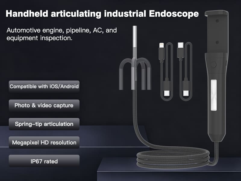 Handheld steering industrial endoscope front spring bendable probe integrated phone holder for iOS and Android