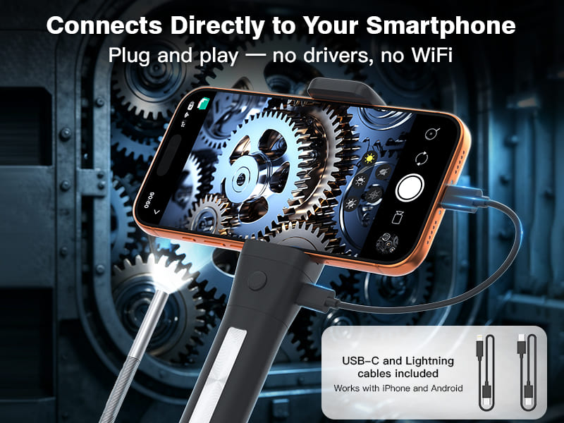Handheld steering industrial endoscope front spring bendable probe integrated phone holder for iOS and Android